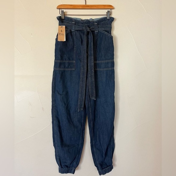 Ralph Lauren Denim Paper Bag Waist Pants Tie Belt Joggers Women's‎ - Picture 4 of 15